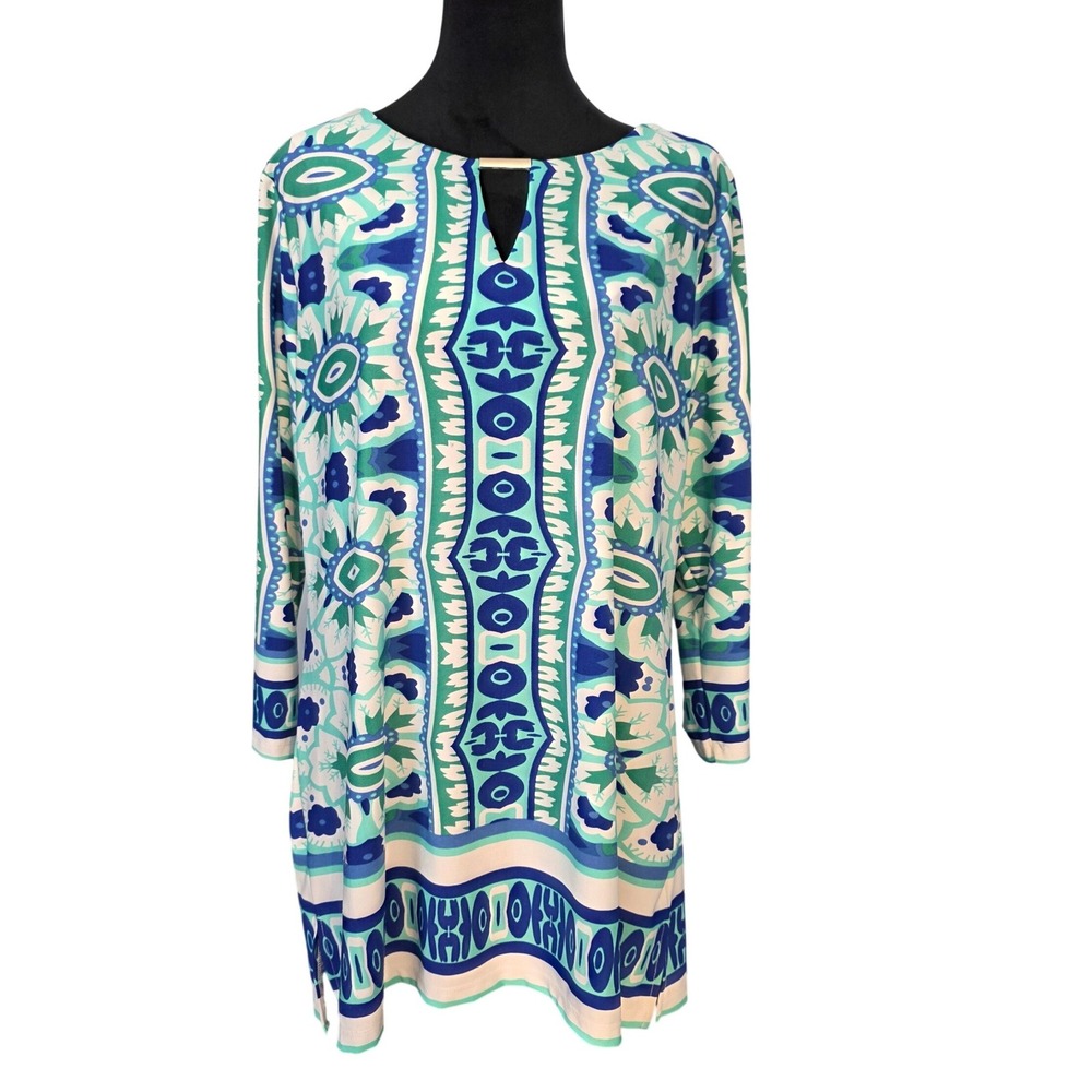 Maria Gabrielle Women XL Blue Teal Geometric Medallion Split Neck Tunic Top Bar